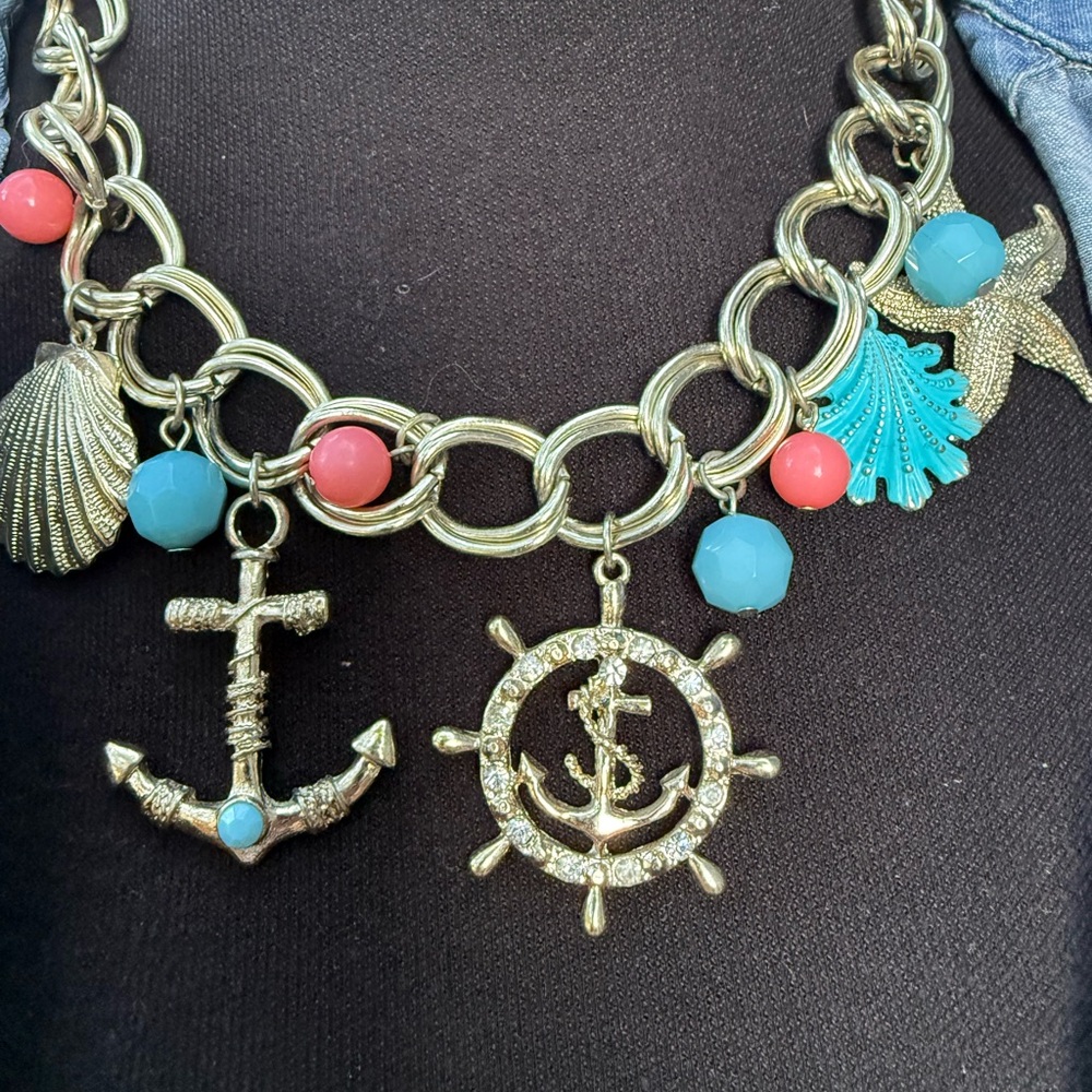 Vintage Nautical Charm Statement Necklace in Gold with Turquoise & Coral Accents
